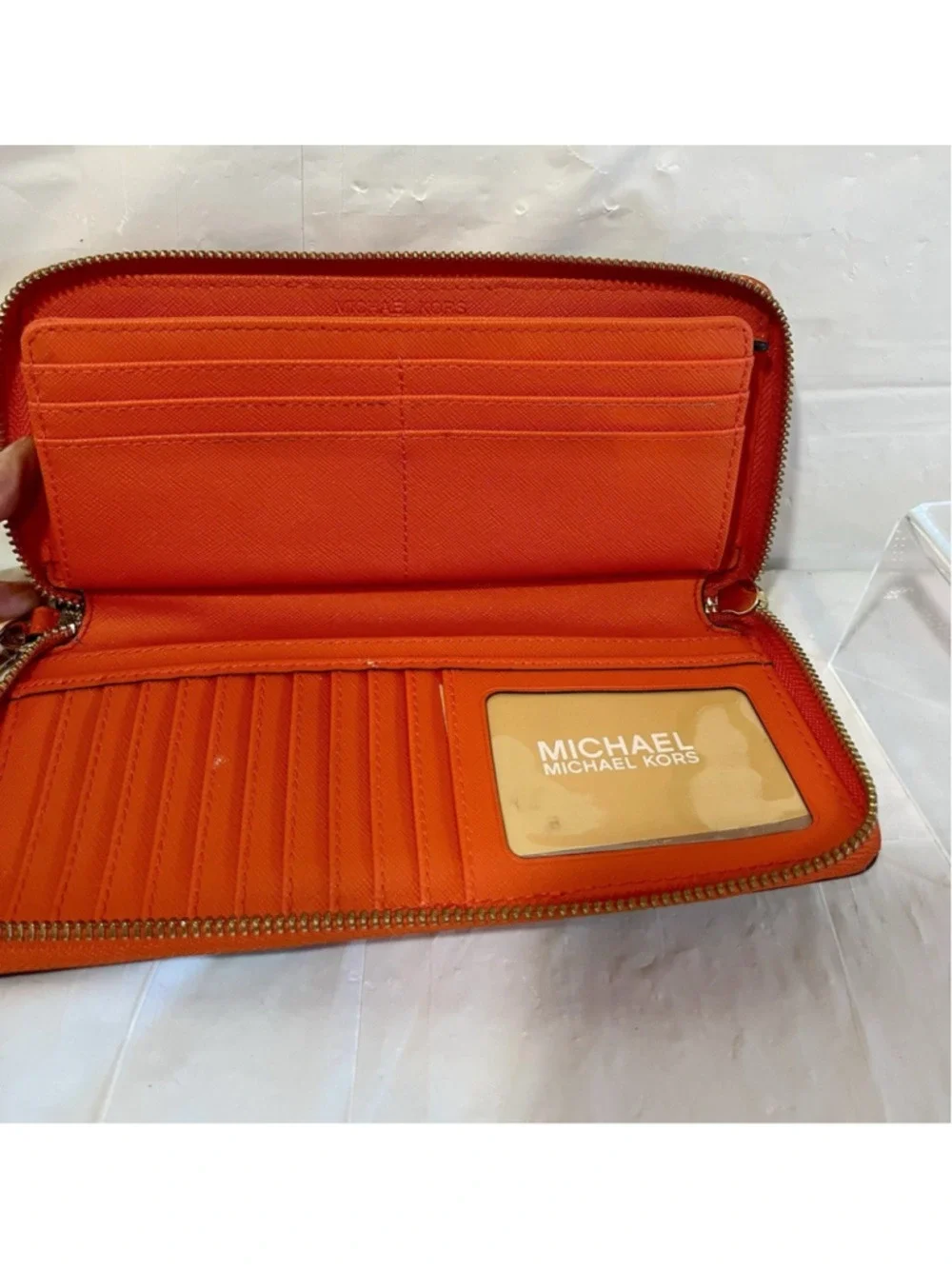 Michael Kors Center Stripe Travel Continental Wallet/Wristlet in Natural/Orange